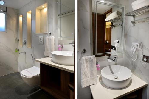 two pictures of a bathroom with a sink and a toilet at Hotel Grand Plaza in City Centre - Walking Distance From New Delhi Railway Station and Connaught Place in New Delhi