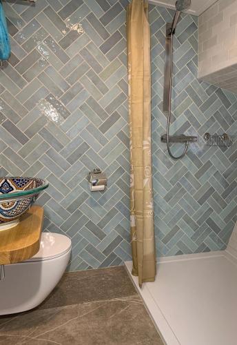 a bathroom with a shower and a toilet at Appartement op woonboot hartje centrum in Amsterdam