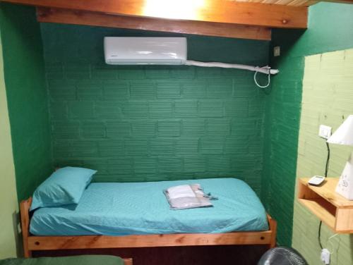 a small green room with a bed and a fan at Departamentos LUBRI 44 in Apóstoles
