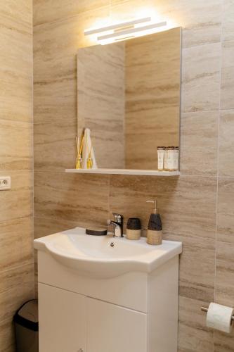 a bathroom with a white sink and a mirror at Apartments by Bog Flor in Suceava