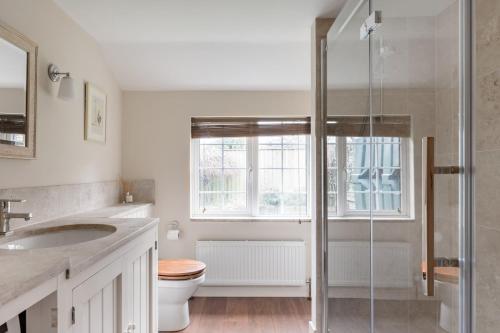 ein Badezimmer mit Dusche, Toilette und Waschbecken in der Unterkunft A Charming Cottage, Christow Dartmoor National Park in Christow