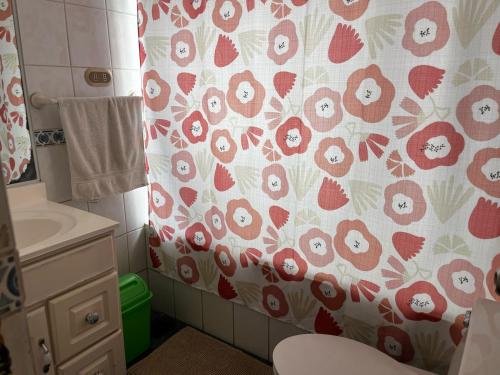 ラ・セレナにあるAlojamiento en La Serena con estacionamientoのバスルーム(赤と白のシャワーカーテン付)