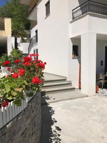 a white building with red flowers on a wall at Villa Qeli in Gjirokastër