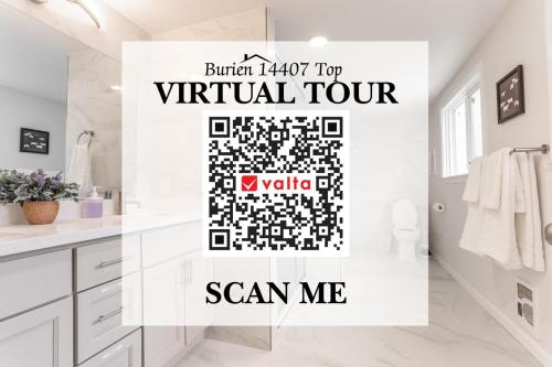 a bathroom with a virtual tour sign on the wall at Burien's Top Unit with Spa-Inspired Bathroom in Burien