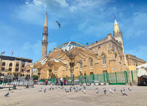 a flock of birds in front of a building with a mosque at Exceptional Apartment in the Heart of Historic Cairo, Al-Muizz Street, Downtown in Cairo