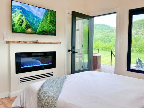 ein Schlafzimmer mit einem Bett und einem Fernseher an der Wand in der Unterkunft Hiker's Haven at Three Suns Cabins in Slade