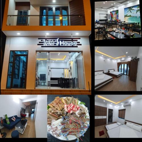 a collage of photos of a house with a plate of food at White's house in Quan Lạn