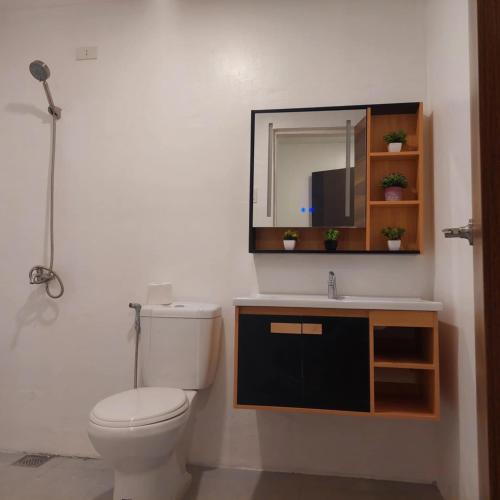 a bathroom with a toilet and a mirror at Villa del Sol 1 Barkada Rooms in Guinauayan