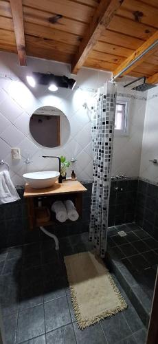 a bathroom with a sink and a shower at La Posada del Mainumby in Ituzaingó
