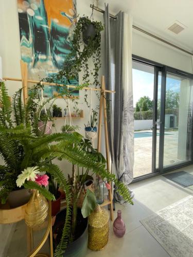 a room with a bunch of plants and a window at Maison moderne avec Piscine in Creysse
