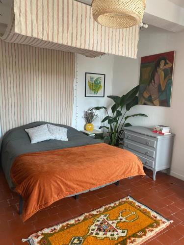 - une chambre avec un lit doté d'une couverture orange et d'un tapis dans l'établissement Gite la Muscadelle l Isle sur sorgue, à LʼIsle-sur-la-Sorgue