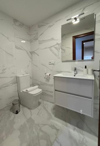a white bathroom with a toilet and a sink at Apartamento Barbanza Arousa in Boiro