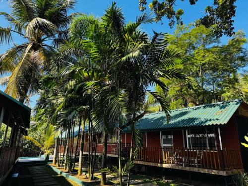 a red house with palm trees in front of it at Ro Villa in Weligama