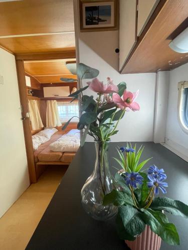 a vase with flowers on a table in a room at Campingwohnung am Silbersee in Freiburg in Freiburg im Breisgau