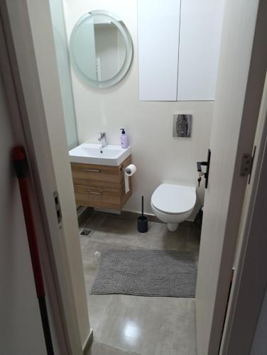 a bathroom with a sink and a toilet and a mirror at Central I in Târgu Jiu