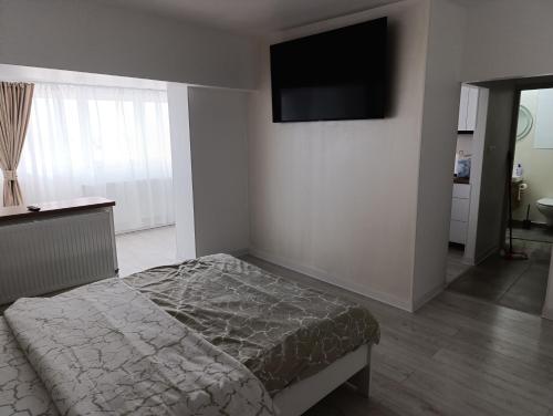 a bedroom with a bed and a flat screen tv at Central I in Târgu Jiu