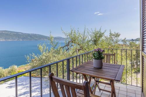 a wooden table with a potted plant on a balcony at Hotel Meandro - Lake View in Gargnano