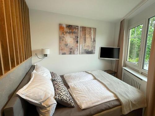 a bedroom with a bed and a tv on the wall at Vision - Apartment 27 - Bad Klosterlausnitz in Bad Klosterlausnitz