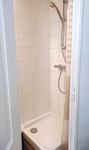 une salle de bain avec douche et lavabo dans l'établissement Charming light flat in Goncourt, à Paris