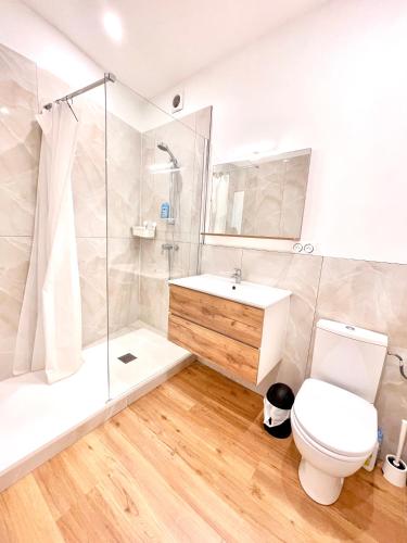 La salle de bains est pourvue d'une douche, de toilettes et d'un lavabo. dans l'établissement Promenade des Anglais panoramic sea view, à Nice