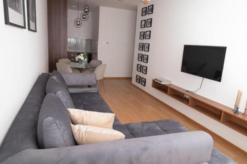 a living room with a couch and a flat screen tv at Birkin Casa- Prime Location in Novi Sad
