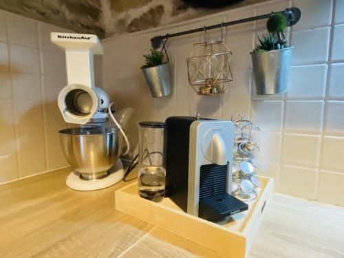 un comptoir de cuisine avec un grille-pain et un mixeur dans l'établissement La HULOTTE, à Balsac