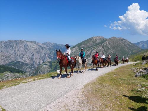 a group of people riding horses down a mountain road at Hosteria Picos De Europa in Potes