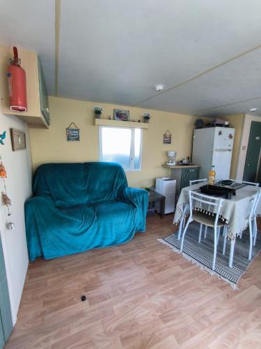 un salon avec un canapé et une table dans l'établissement Mobil home Kermit côté atantique royan 17 camping 3 étoiles, à Breuillet