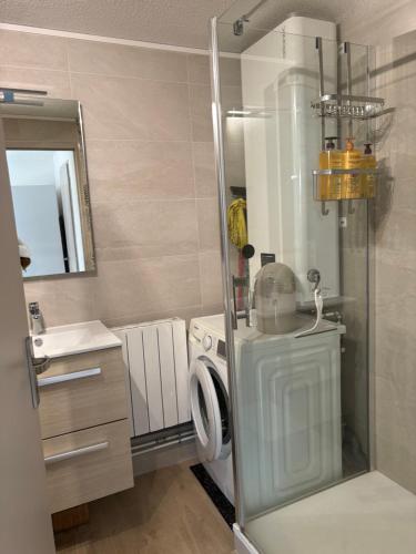 une salle de bain avec douche et machine à laver dans l'établissement À deux pas de la plage du Fogeo Arzon, à Arzon