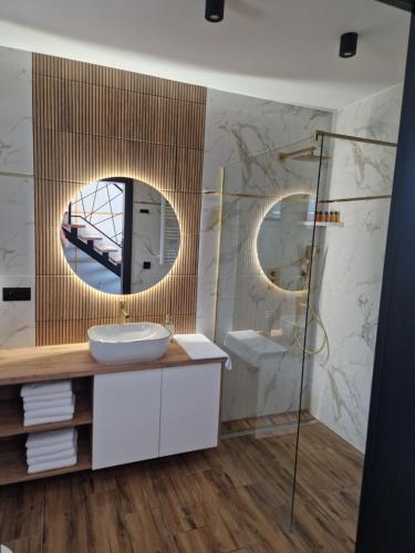 a bathroom with a sink and a mirror at Domy na Roztoczu Aleja Lipowa B,G,J,K Sauna Jacuzzi Kajaki in Zwierzyniec