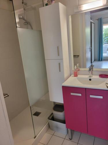 La salle de bains est pourvue d'un lavabo violet et d'une douche. dans l'établissement Jolie maison d'angle 4 couchages dans résidence privée à 300m de la mer PORTIRAGNES PLAGE LRHP47, à Portiragnes