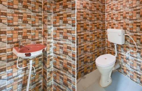 two pictures of a bathroom with a toilet and a sink at Hotel Eden Park in Nimtita