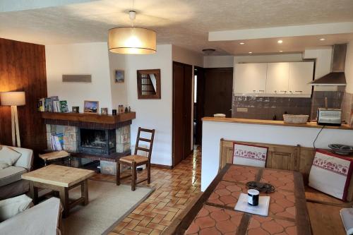 un salon avec cheminée et une cuisine dans l'établissement Duplex Saint Gervais, à Saint-Gervais-les-Bains