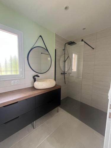 La salle de bains est pourvue d'un miroir, d'un lavabo et d'une douche. dans l'établissement Gîte Marius & Hélène, à Saint-Ambroix