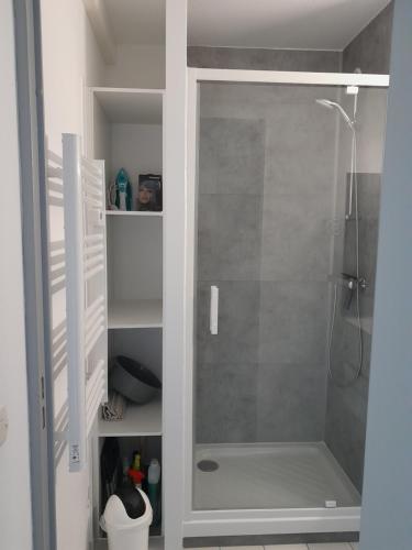 eine Dusche mit Glastür im Badezimmer in der Unterkunft Home cavalaire in Cavalaire-sur-Mer