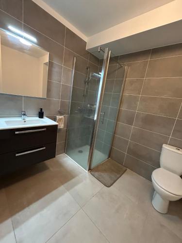 une salle de bain avec une douche, des toilettes et un lavabo dans l'établissement Cœur Ajaccio calme plage nature, à Ajaccio