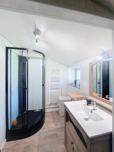 une salle de bain avec douche et lavabo dans l'établissement Charming Breton house for 4 people, à Saint-Marcan