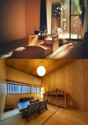 two pictures of a room with a living room at 3BR Private House with Open-air Bath & garden, 5min to subway! 柚苑YUEN in Osaka