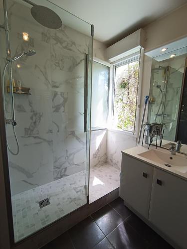 une salle de bain avec douche et lavabo dans l'établissement Stade de France - Magnifique terrasse arborée, à Saint-Denis