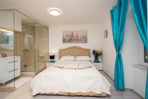 una camera da letto con un letto e una doccia in vetro di Apartment Dea a Spalato (Split)