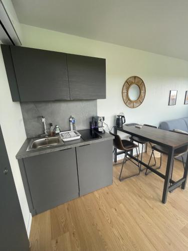 - une cuisine avec un évier et une table dans une chambre dans l'établissement Studio de jardin neuf, à Étoile-sur-Rhône