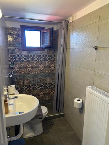 a bathroom with a sink and a toilet and a window at Mamali Guesthouse in Verdikoússa