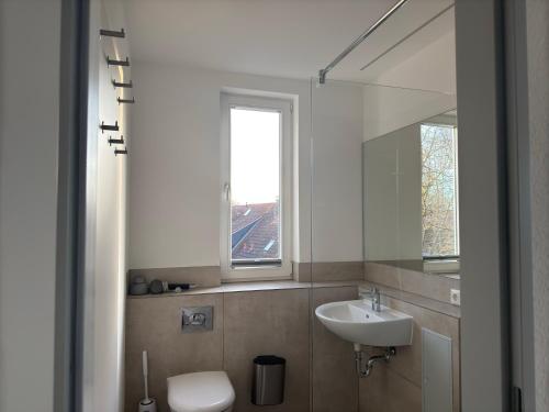a bathroom with a sink and a toilet and a mirror at FeWo Clara - Ferienhaus Hiddensee in Kloster