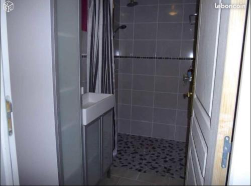 une salle de bain avec un lavabo et une douche dans l'établissement Maison de vacances, à Montoire-sur-le-Loir