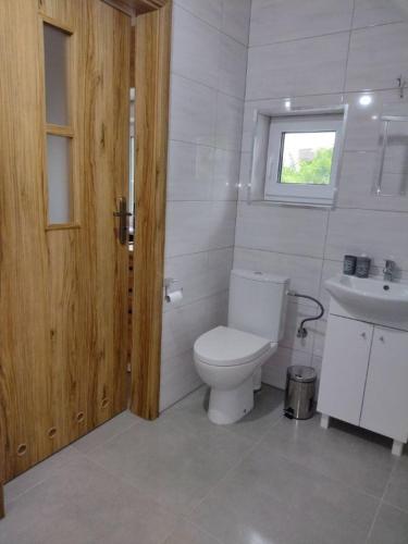 a white bathroom with a toilet and a sink at Apartamenty - Domek Bobrowe Zacisze 3 in Janowice Wielkie