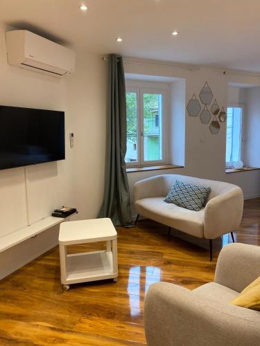 un salon avec un canapé et une télévision dans l'établissement Studio Cosy, à Pélissanne