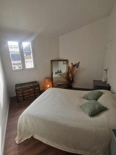 une chambre avec un grand lit et un miroir dans l'établissement Charming apartment in Bordeaux, 2 steps from the train station, à Bordeaux