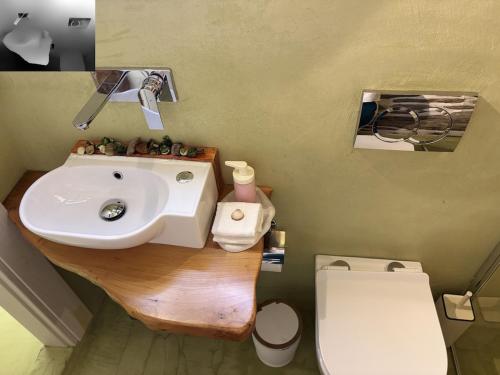 a bathroom with a sink and a toilet at Atelies Stone House in Potamia