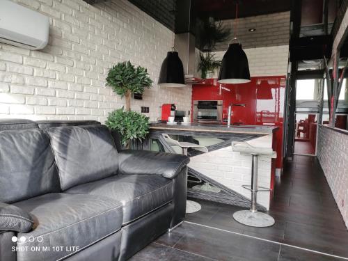 un salon avec un canapé et une cuisine dans l'établissement Studio 113, Port Nature 1 au village naturiste, au Cap d'Agde