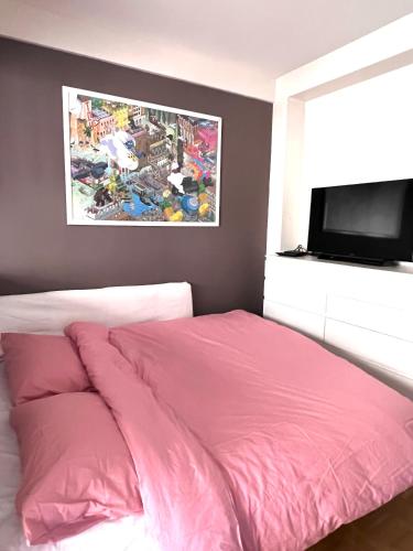 - une chambre avec un lit rose et une télévision à écran plat dans l'établissement Superbe studio au centre de Nice, à Nice